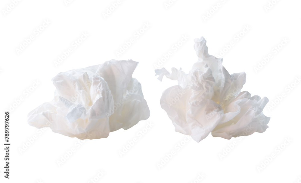 Front view set of screwed or crumpled tissue paper balls after use in toilet or restroom isolated on white background with clipping path