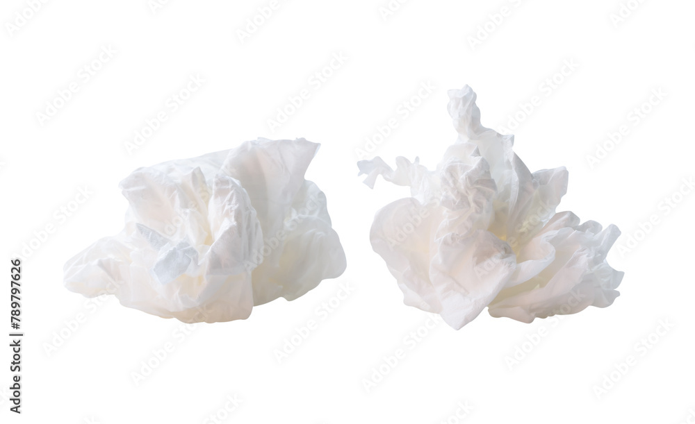 Front view set of screwed or crumpled tissue paper balls after use in toilet or restroom isolated on white background with clipping path Front view set of screwed or crumpled tissue paper balls after use in toilet or restroom isolated on white background with clipping path