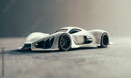 Design an innovative 3D printed prototype of a sleek, futuristic sports car seen at eye level angle Highlight the aerodynamic curves, futuristic features, and dynamic stance with photorealistic precis photo