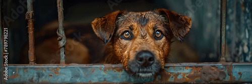 overhead view of An abandoned pet looking forlornly out of a shelter cage, hyperrealistic travel photography, copy space for writing