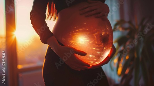 A pregnant woman holds her belly in front of a window. The light from the window creates a glowing effect on her belly. photo