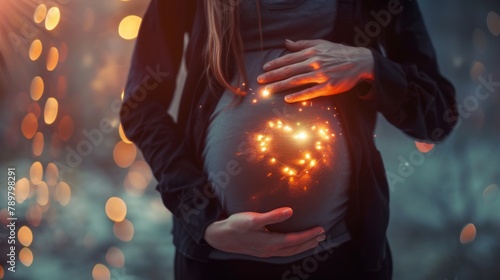 A pregnant woman with a glowing heart-shaped symbol over her belly.