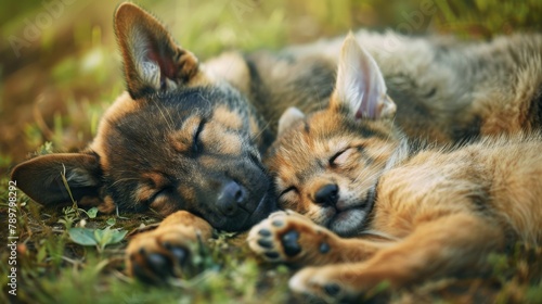 A puppy and a fox sleeping together in the grass