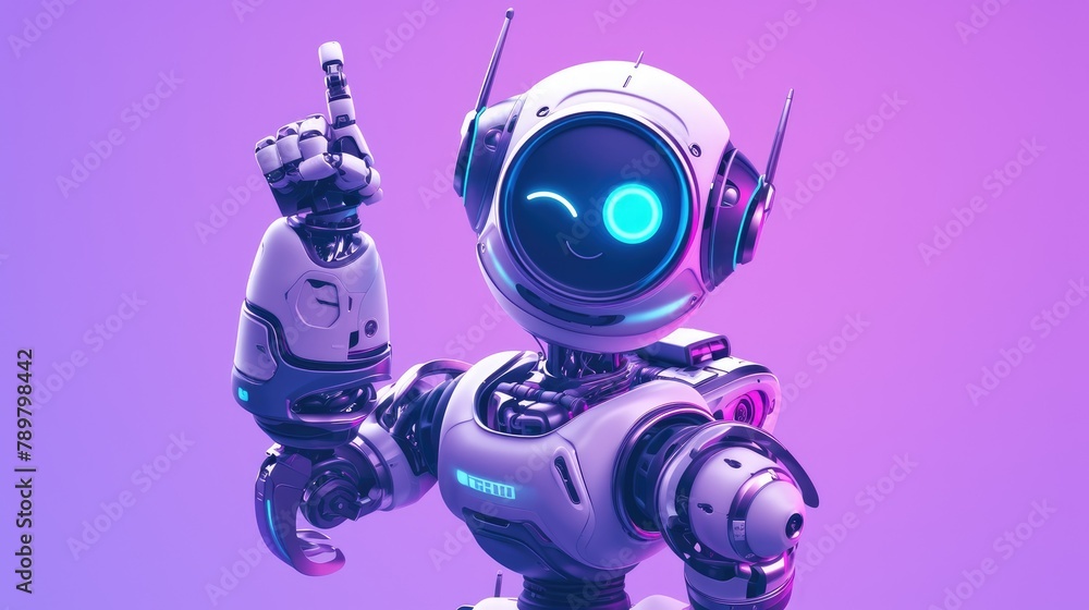 A charming cartoon robot sporting a winking eye and a pointing hand stands out against a vibrant purple backdrop This friendly cartoon bot rendered in cartoon embodies a customer support cha A charming cartoon robot sporting a winking eye and a pointing hand stands out against a vibrant purple backdrop This friendly cartoon bot rendered in cartoon embodies a customer support cha
