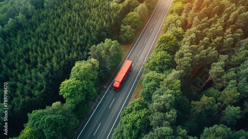 A red semi truck drives through a lush green forest on a sunny day.
