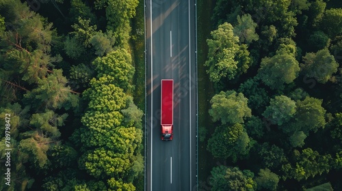 A red semi truck drives through a lush green forest on a sunny day. photo