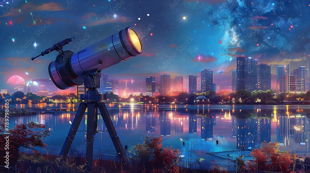 Captivating Nighttime Observatory Overlooking a Vibrant Cityscape Reflected in a Tranquil Lake