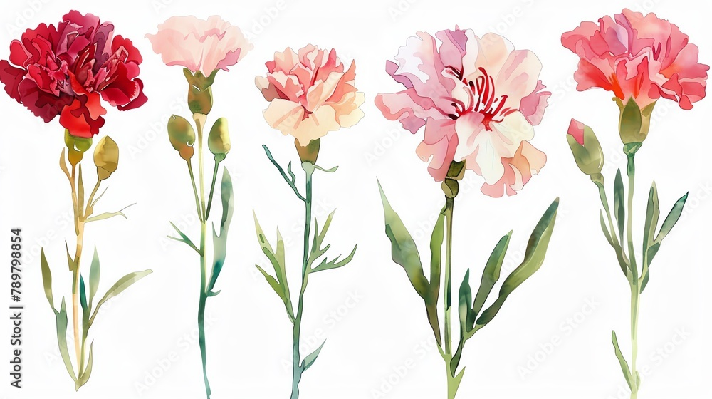Watercolor carnation clipart in various colors, including pink, red, and white