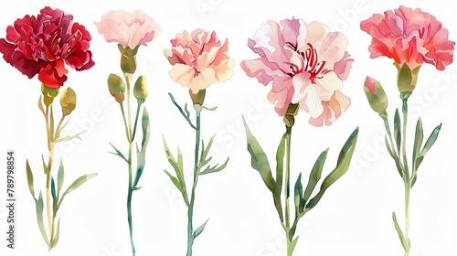 Watercolor carnation clipart in various colors  including pink  red  and white