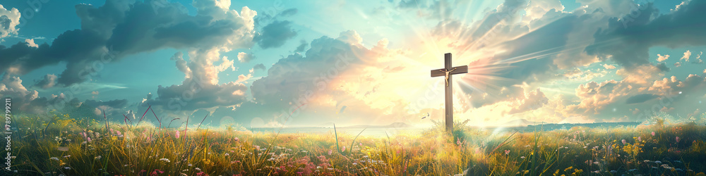 Christian cross on beautiful spring field with flowers at sunrise. Resurrection of Jesus, crucifixion. Easter morning, Good Friday. Peace and hope. Religion and christianity concept Christian cross on beautiful spring field with flowers at sunrise. Resurrection of Jesus, crucifixion. Easter morning, Good Friday. Peace and hope. Religion and christianity concept
