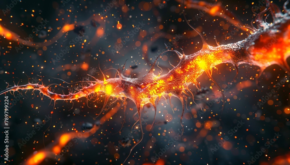 Microscopic view of human brain neurons firing, intricate cellular network