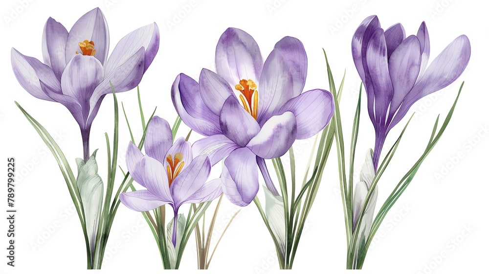 Watercolor crocus clipart with delicate purple and white flowers