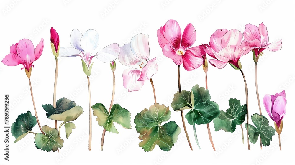 Watercolor cyclamen clipart with delicate pink and white blooms - obrazy, fototapety, plakaty 