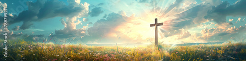 Christian cross on beautiful spring field with flowers at sunrise. Resurrection of Jesus, crucifixion. Easter morning, Good Friday. Peace and hope. Religion and christianity concept