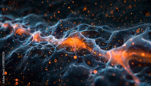 Microscopic view of human brain neurons firing, intricate cellular network photo