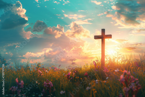 Christian cross on beautiful spring field with flowers at sunrise. Resurrection of Jesus, crucifixion. Easter morning, Good Friday. Peace and hope. Religion and christianity concept