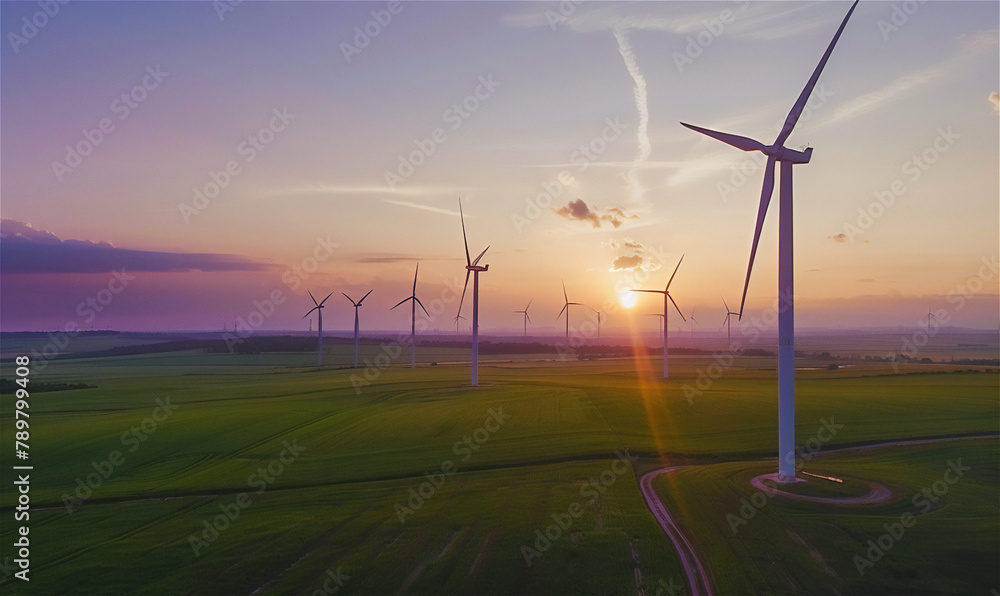 An image promoting renewable energy with a wind farm in the background at sunset An image promoting renewable energy with a wind farm in the background at sunset