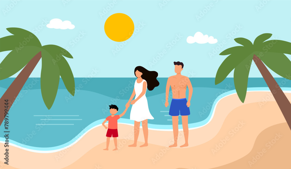 Happy family with kid enjoy summer vacation on seaside. Summer travel and leisure on sea beach. 