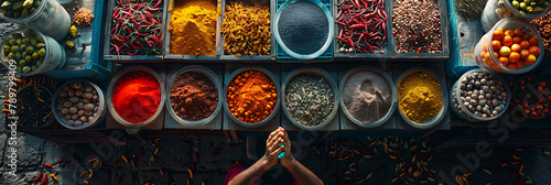 overhead view of A vendor selling exotic spices and herbs in a colorful market, hyperrealistic travel photography, copy space for writing