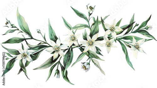Watercolor edelweiss clipart with small white flowers and green leaves