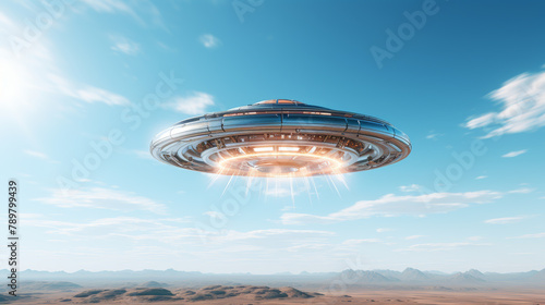 A UFO hovers in the sky above a vast desert landscape.