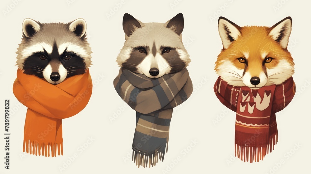 Fototapeta premium 2d illustration of a raccoon wolf fox and owl bird all sporting stylish scarves
