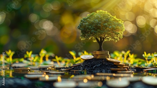 A tree growing on a pile of coins  surrounded by smaller plants. The tree is reaching towards the sun.