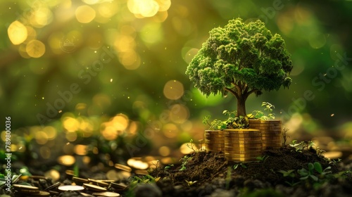 A tree growing out of a pile of gold coins, with a green background. photo
