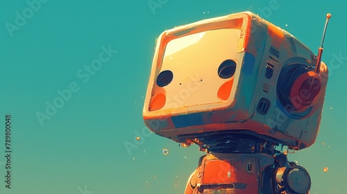A small rainbow colored robot gazes downward in this captivating cartoon illustration