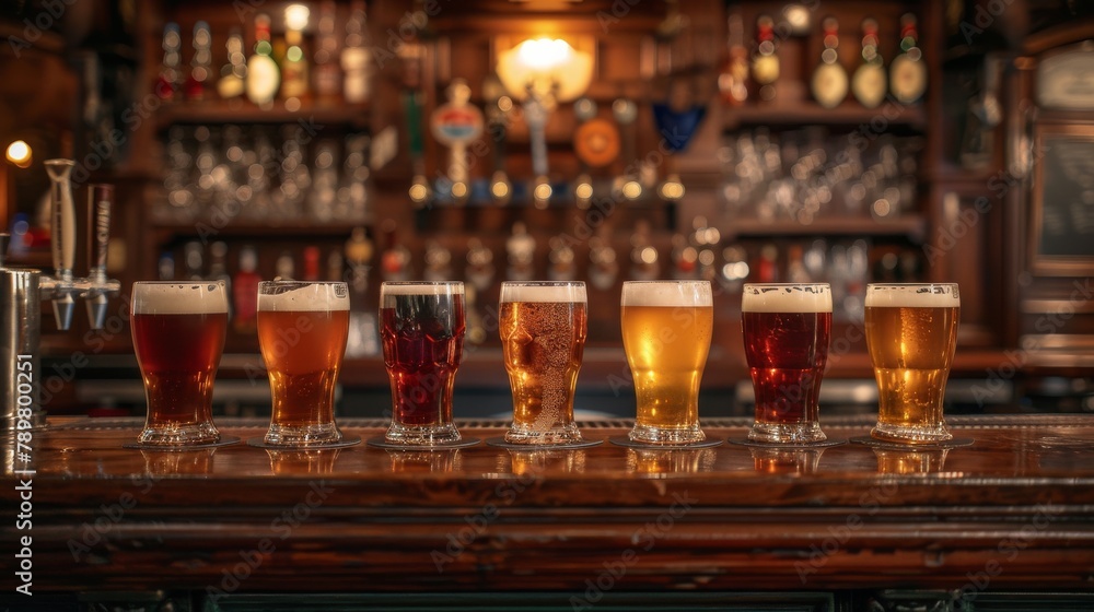 A variety of beers on tap at a bar