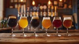 A variety of beers in glasses on a bar counter with a blurred background of a bar.