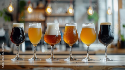 A variety of beers in glasses on a bar counter