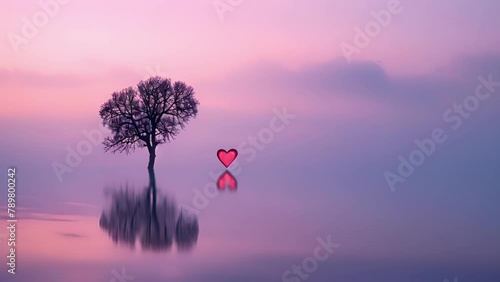 A lone tree stands tall against a backdrop of a purplishblue sky its reflection mirrored in a small heartshaped handheld mirror held . . photo