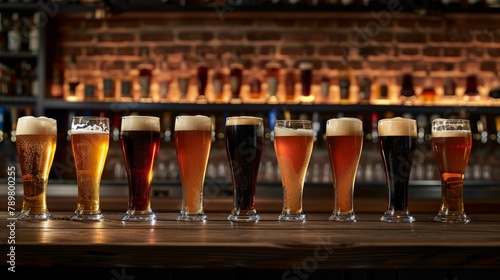 A variety of beers on tap at a bar. photo