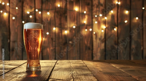 A wooden table with a glass of beer in front of a wooden background with fairy lights. photo