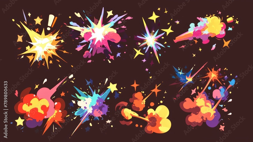 A selection of timeless 2D cartoon special effects encompassing 10 elements question mark exclamation mark flash span smoke blow multicolored glitter steam stars and sparks These effects fe A selection of timeless 2D cartoon special effects encompassing 10 elements question mark exclamation mark flash span smoke blow multicolored glitter steam stars and sparks These effects fe