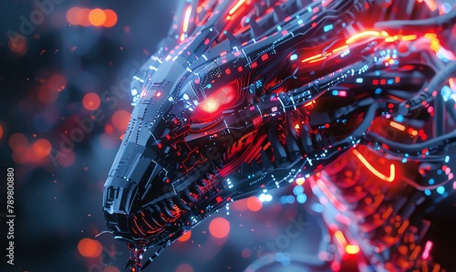 Illustrate a cybernetic creature in a pixel art style, featuring glowing LED lights and intricate circuitry patterns