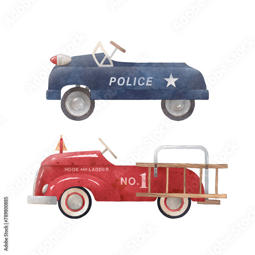 Collection of vintage children's cars. Watercolor illustration. Children's vintage cars, police and fire truck. Can be used for kid posters or cards.