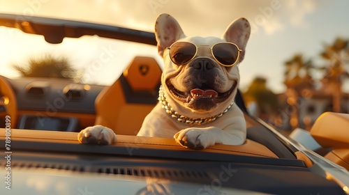 Dog's Luxurious Life. Rich cool bulldog driving a luxury cabriolet super sports car, wearing expensive collar sunglasses, city landscape background. Funny pet animal 3d modern trendy digital artwork photo