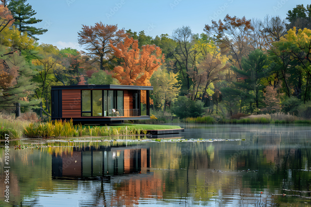 Contemporary house by the lake in forest. Cozy house in scandinavian style with large windows and flat roof. Modern architecture. Cottage or chalet surrounded by nature. Travel and leisure Contemporary house by the lake in forest. Cozy house in scandinavian style with large windows and flat roof. Modern architecture. Cottage or chalet surrounded by nature. Travel and leisure
