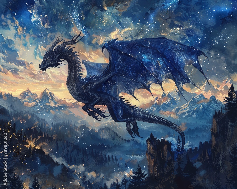 Regal dragon, hues of midnight blue and silver, flying high above an enchanted fantasy landscape Regal dragon, hues of midnight blue and silver, flying high above an enchanted fantasy landscape