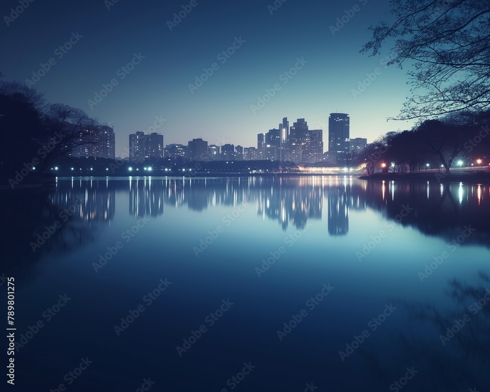 A tranquil lake reflecting the lights of a futuristic cityscape in the distance - 1 A tranquil lake reflecting the lights of a futuristic cityscape in the distance - 1