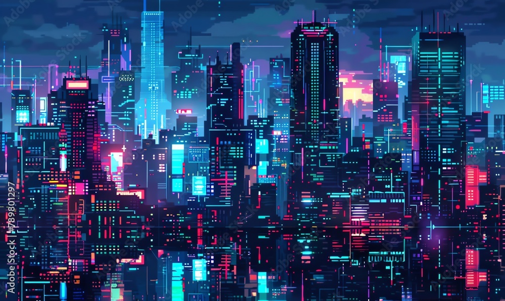 Illustrate a futuristic cityscape using vibrant pixel art, highlighting the integration of Fintech services through sleek, neon-lit buildings and advanced digital interfaces
