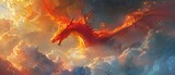 Grand dragon, painted in vibrant red and gold, flying across a surreal, cloudfilled fantasy sky