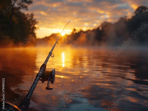 A fisherman's rod is casting a line into a lake at sunset. The sun is reflecting off the water and the sky is ablaze with color.