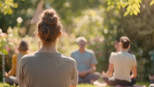 A group of meditators of various ages and backgrounds have come together in this tranquil garden to find a moment of respite and inner . . photo