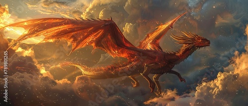 Grand dragon, painted in vibrant red and gold, flying across a surreal, cloudfilled fantasy sky © Thanadol