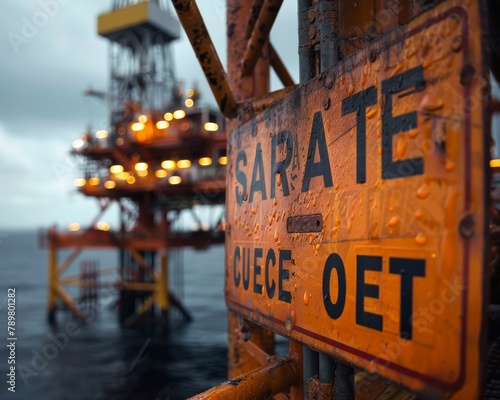 A sign on an oil rig platform that reads 