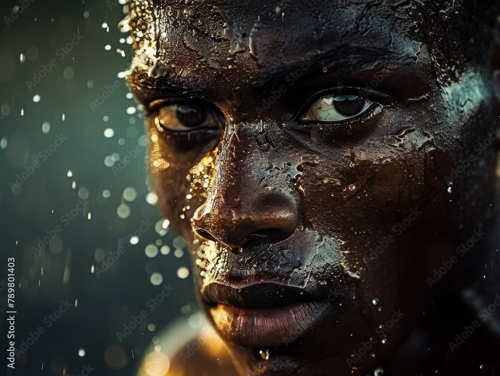 portrait of a black man with water on his face portrait of a black man with water on his face