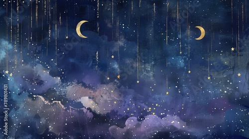 Whimsical night sky with crescent moons and twinkling stars for dreamy bedroom decor